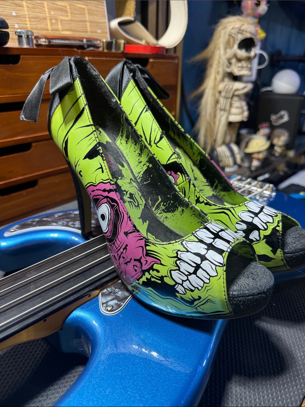 Neon Green Skull Peep-Toe High Heels by